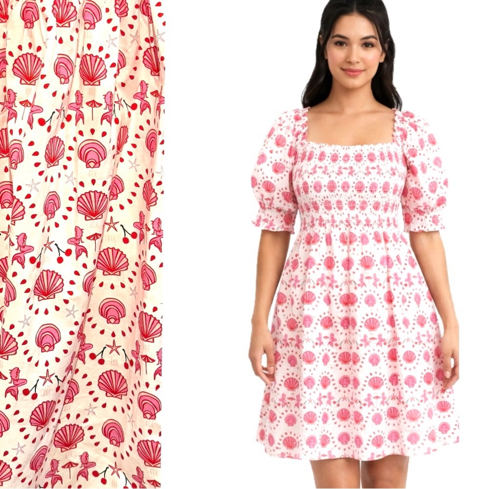 Hill House Pink Shell-Print Smocked Midi Dress, Size S - Picture 14 of 14